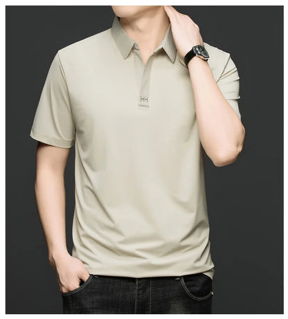 Fashion V-neck short sleeve T-shirt men's summer solid color silky smooth breathable personalized jacquard buttonless polo shirt