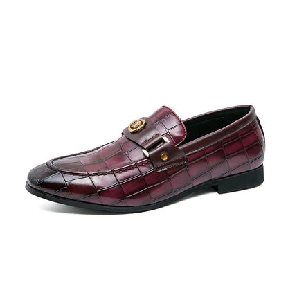 Men Metal Decor Crocodile Embossed Slip On Dress Loafers, Leisure Burgundy Dress Shoes