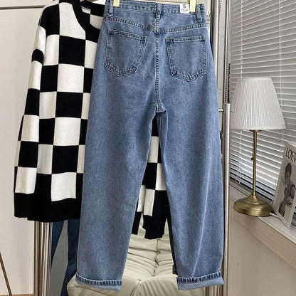 Autumn Collection High-Waisted Slimming Straight-Leg Denim Jeans Women's Loose-Fit Korean Style Ninemoth Half Pants