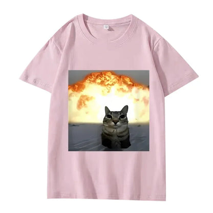 Whimsical Cat Explosion Graphic T Shirt Women Funny Short Sleeve Summer Print Women Tops Funny Cat Meme Women Clothes