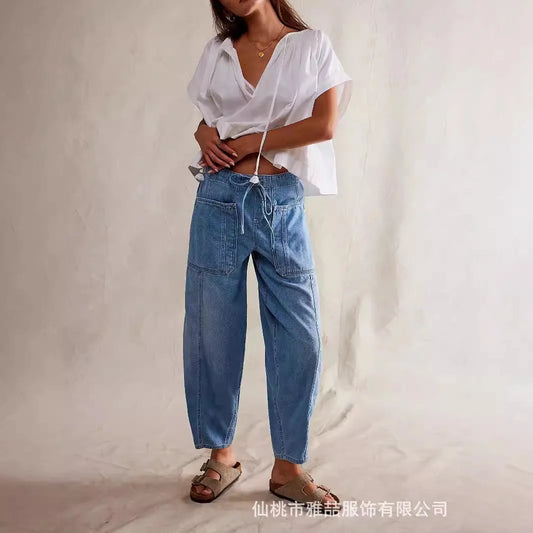 Casual Low Waist Straight Leg Jeans Loose Lace-up Tapered Pants