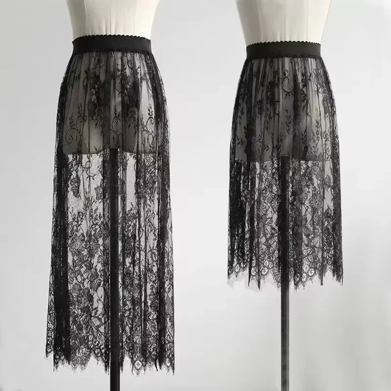 Transparent Sexy Lace Mesh Skirt Elastic High Waist Black White Tulle Mini Skirts Womens Skirt Korean Fashion Women's Skirt