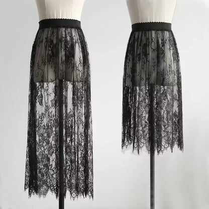 Transparent Sexy Lace Mesh Skirt Elastic High Waist Black White Tulle Mini Skirts Womens Skirt Korean Fashion Women's Skirt