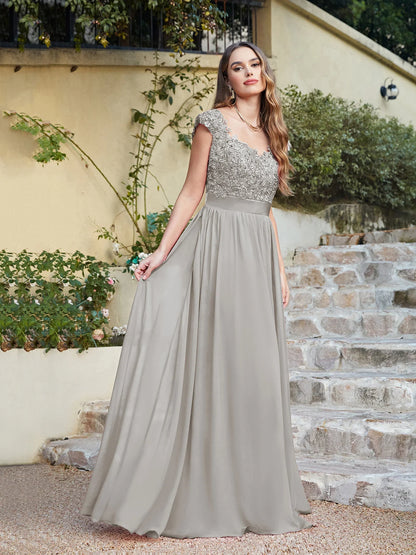 A-line V Neck Sleeveless Floral Lace Chiffon Back Hollow Long Paty Bridesmaid Dress Women 2024 For Wedding Sexy Evening Dress