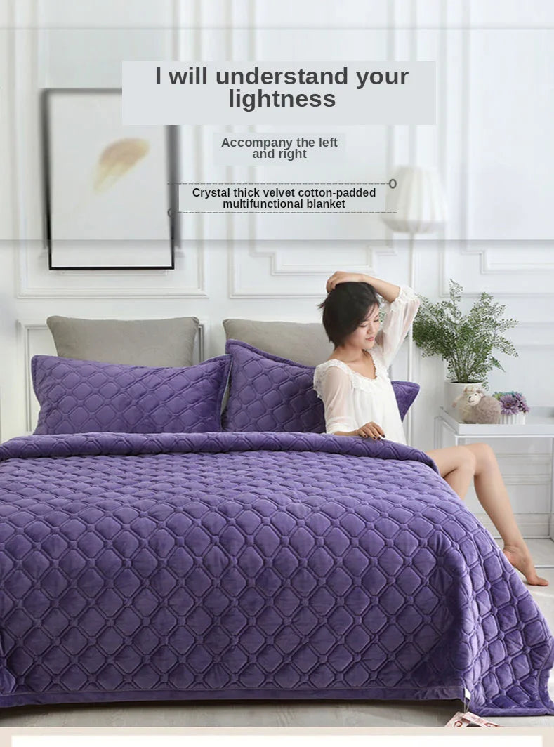 Solid Color Soft Velvet Quilted Bed Cover Blanket Short Plush Sofa Towel King Queen Size Anti-slip Bed Sheet 270x230cm Bedspread
