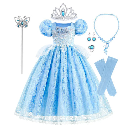Kid Chic Cinderella Lace Ball Gown Princess Cosplay Floral Party Dress Fairy Punmkin Car Girls Story Role Play Carnival Costume