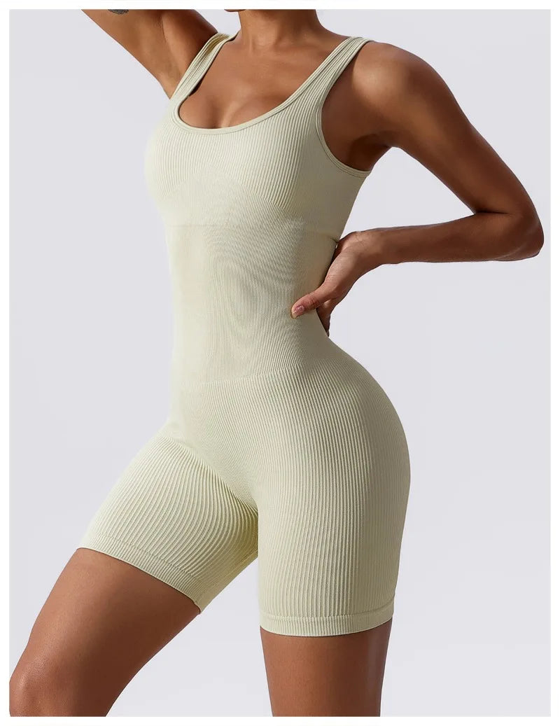 Women's Yoga Rompers One Piece Tummy Control Seamless Ribbed Jumpsuit Padded Sports Bra Workout Romper Fashion Fitness Sportwear