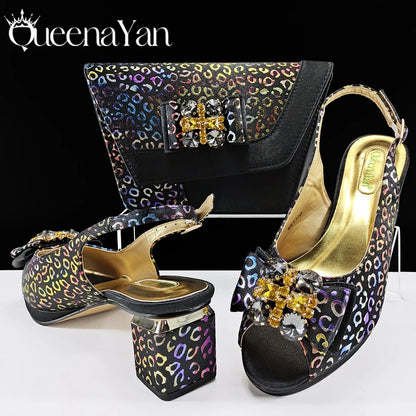 2025 Shiny Italian Fashion Pointed Toe Women Heel Fashion Rhinestone Decoration Pink Color Shoes And Bag Set
