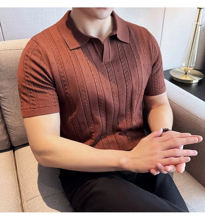 Men's Polo Shirt, Striped Jacquard Knit Short Sleeve, T-shirt V-neck Solid Color Elastic Top 2024. M-3XL,Summer Purple Thin