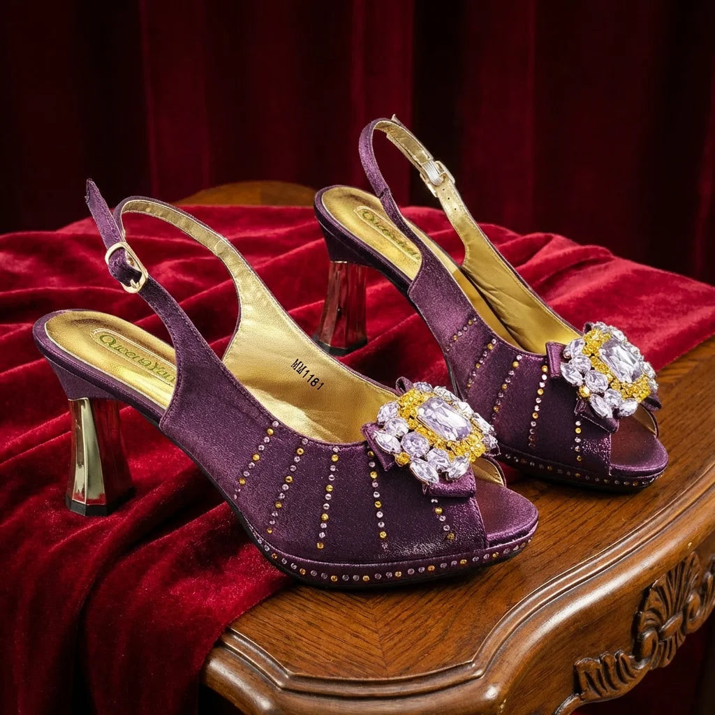 Brown Rhinestone Peep-Toe High Heel Sandals and Bag Set for Women –Elegant Italian Party Shoes Perfect for Wedding