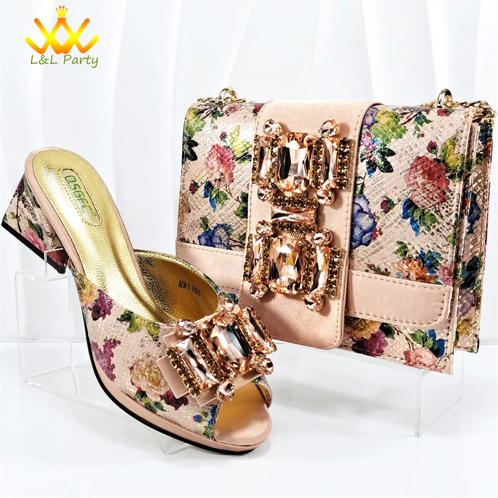 Shoes and Bag Set in Green Color High Quality Specials Design Slipper with Crystal for Wedding Dress