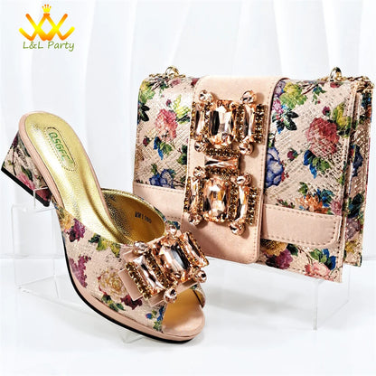 Shoes and Bag Set in Green Color High Quality Specials Design Slipper with Crystal for Wedding Dress