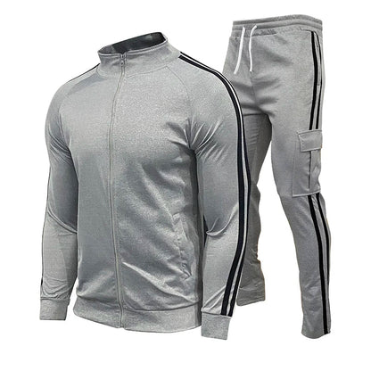 Spring and Autumn Men's Cardigan Striped Stand up Collar Sports Set Outdoor Jogging Cycling Mountaineering Two Piece Set