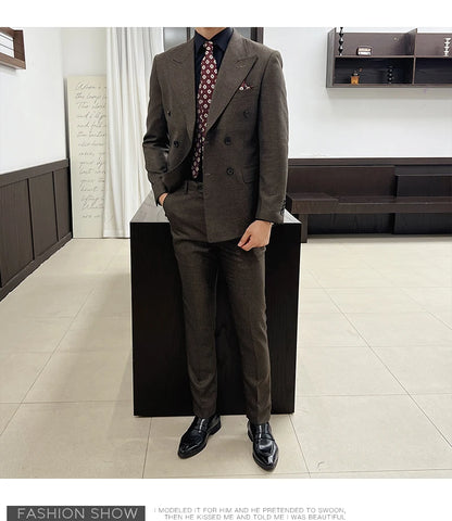 Men Vintage Luxury Double Breasted Slim Fit Lapel Evening Gown ltalian Style Fashion High-end Groom Wedding Party Tuxedo 2 Piece