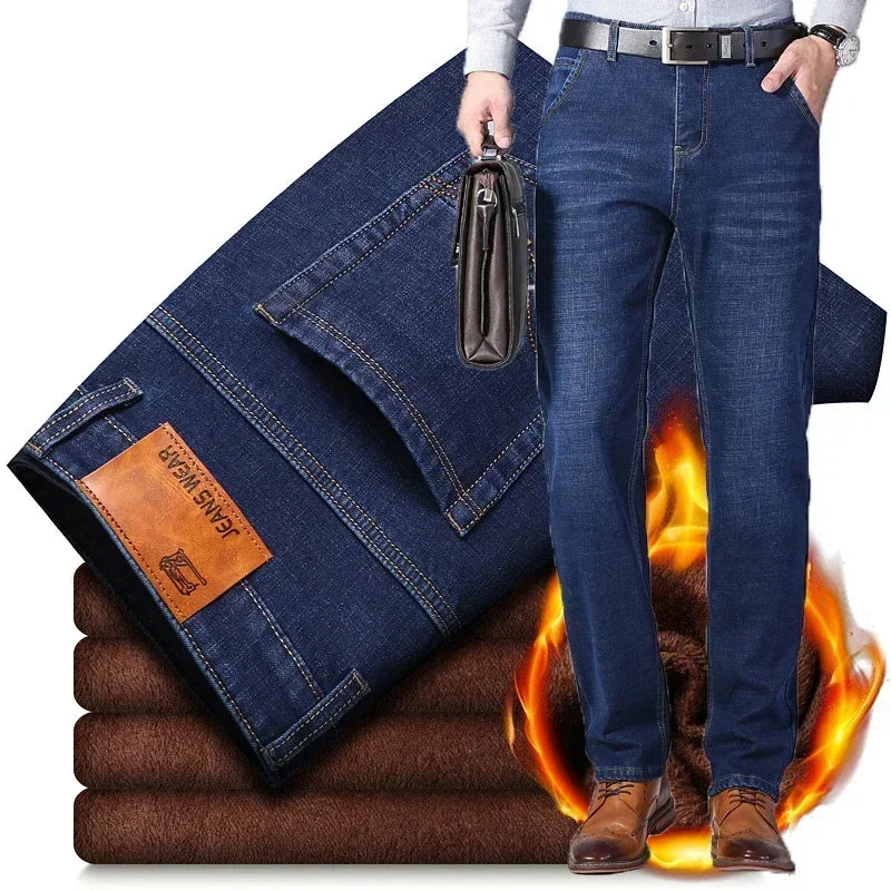 2023 Winter Men Black Blue Straight Stretch Denim Thick Velvet Pants Warm Jeans Casual Fleece Line Trousers Male Plus Size