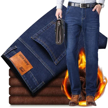 2023 Winter Men Black Blue Straight Stretch Denim Thick Velvet Pants Warm Jeans Casual Fleece Line Trousers Male Plus Size
