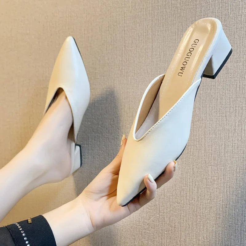Pointed Slippers Women High Heels 2025 New Summer Shoes Fashion Luxury Slides Slip Loafers Square Heel Female Party Shoes