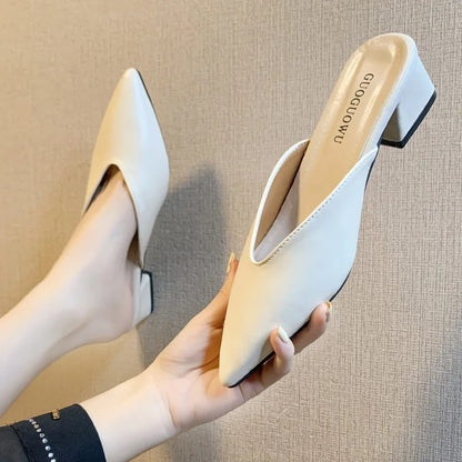 Pointed Slippers Women High Heels 2025 New Summer Shoes Fashion Luxury Slides Slip Loafers Square Heel Female Party Shoes