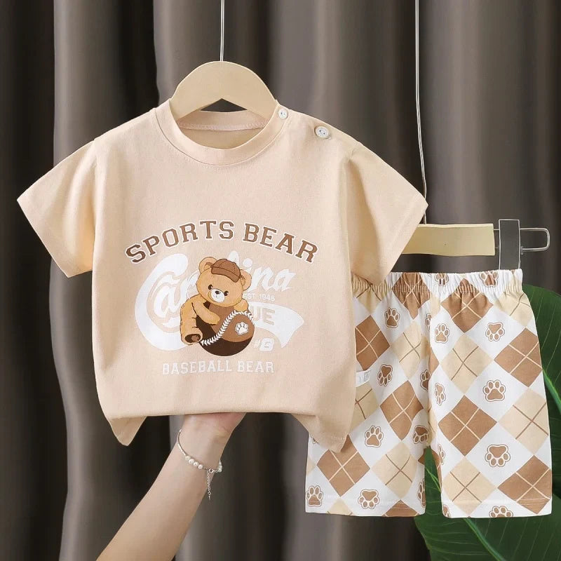 Kids Boys Short Sleeves Tees+Shorts 2-piece Clothes Set Cartoon Dinosaur Bear Summer Girls Soft Cotton Sports Casual Suit 1-6 Y