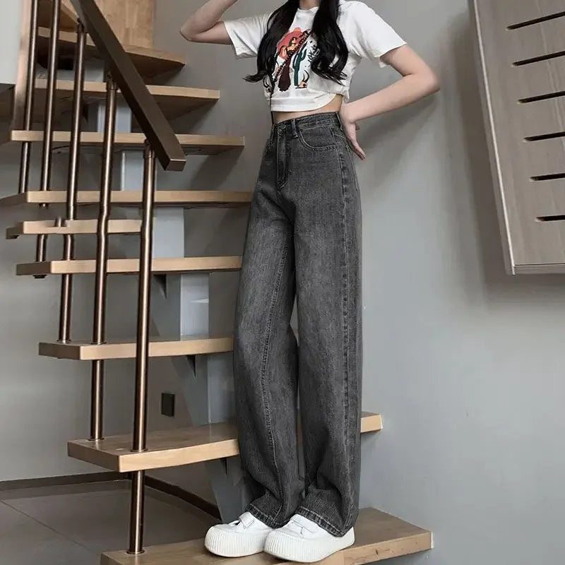American Style Black Grey Wide-Leg Jeans For Women