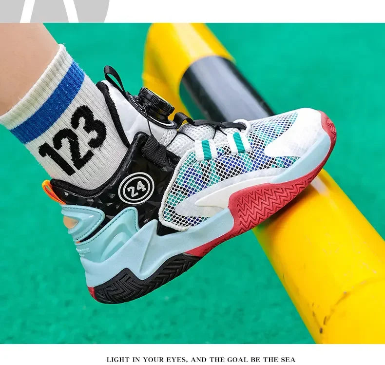 Boys Girls Quick Twist Lace Basketball Shoes Wear Resistant Comfortable Outdoor Athletic Footwear