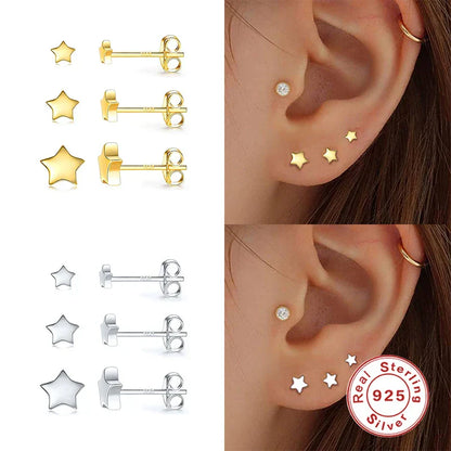 3pcs/set Bling Zircon Earring 925 Sterling Silver Cute Mini Heart Star Stud Earrings Ear Bone Earlobe Piercing Jewerly