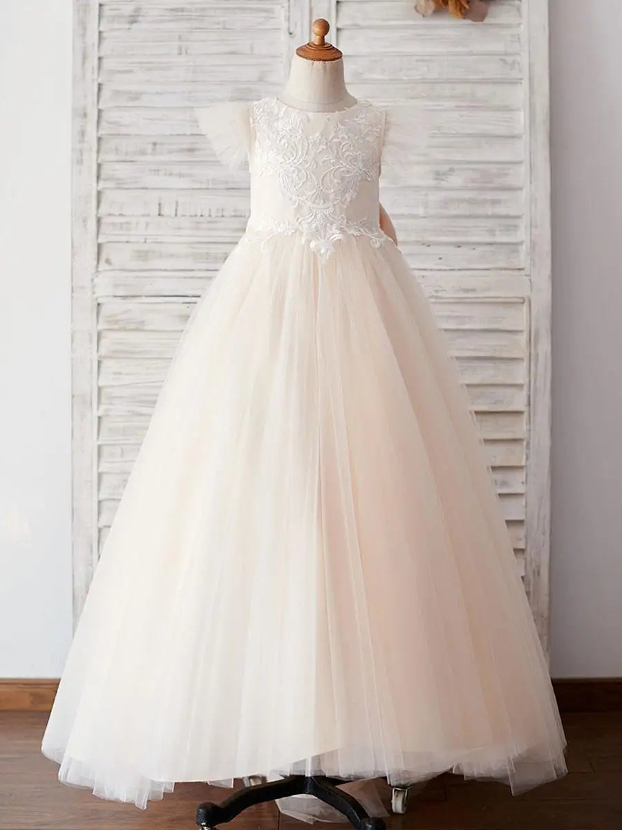 Communion Girl Dress Lace Appqulies Bodice Floor-length Skirt Puffy Dress with Long Train Formal Party Toddler Clothe