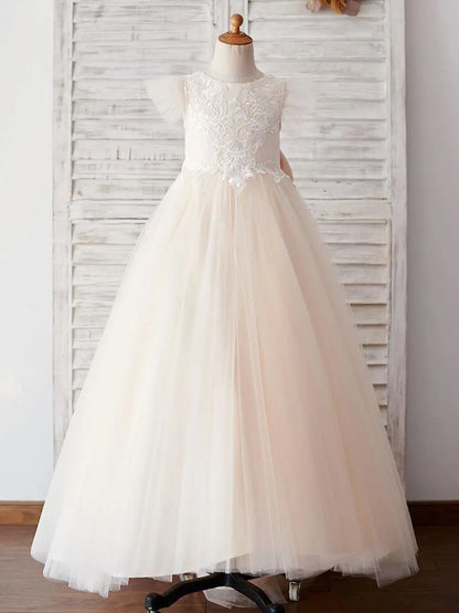 Communion Girl Dress Lace Appqulies Bodice Floor-length Skirt Puffy Dress with Long Train Formal Party Toddler Clothe