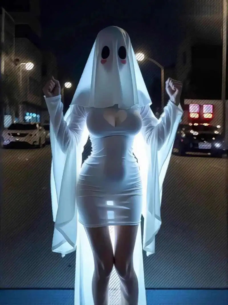 Hollow Ghost Dress Halloween Uniform Temptation Dress Backless Deep V Long Sleevess Dress Elegant Charming  5DZW