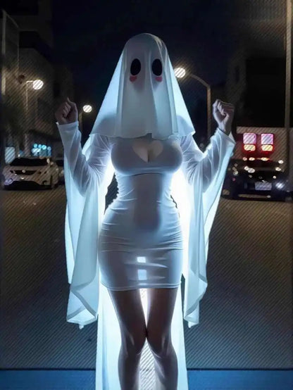 Hollow Ghost Dress Halloween Uniform Temptation Dress Backless Deep V Long Sleevess Dress Elegant Charming  5DZW