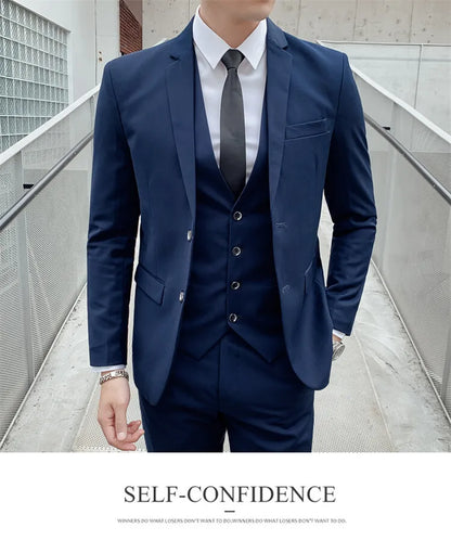 Solid Color Suit Men's Fashionable Gentleman Business Banquet Korean-style Formal Dress Casual Wedding (Blazer+Vest+Trousers)