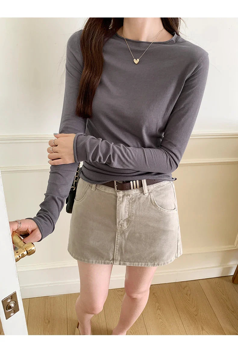 2026 Spring Autumn T shirt Women Tops Solid Slim Fit Long Sleeve O Neck Tshirts Female Casual Streetwear High Quality Base Tees
