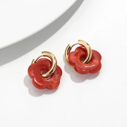 Colorful Flower Resin Acrylic Charms Earring Gold Color Circle Ear Buckle Hoop Earrings Fashion Jewelry for Women