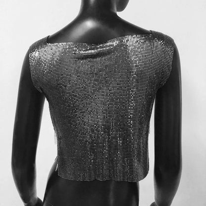 Women Metal Sequins Crop Tops Sexy Hollow Out Sleeveless Backless Y2k Tank Tops Nightclub Party Rave Festival Camisole 2023 New