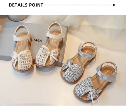 Girls Princess Shoes Weave Breathable Kids Beach Shoes with Simple Bows 2025 Summer New Children Sandals Soild Color Non-slip