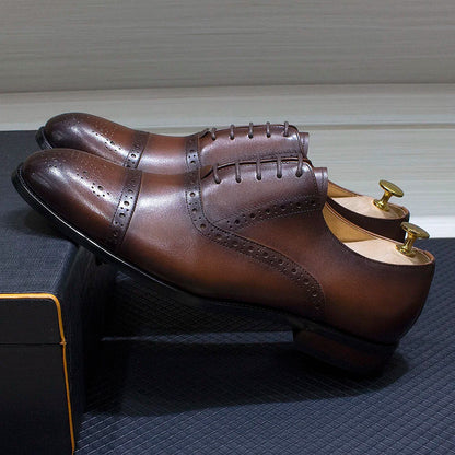 Luxury Genuine Leather Calfskin Cap Toe Oxfords Men's Dress Shoes Italian Style Lace-Up Wedding Business Formal Shoes for Men