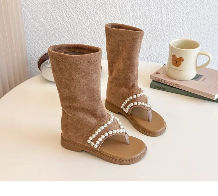 2025 Children High-top Sandals for Girls Summer New Fashion Korean Style Soft Sole Non-slip Versatile Pearl Roman Princess Shoes
