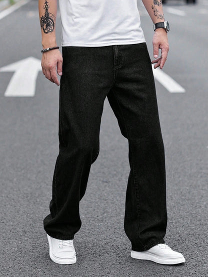 Men's Durable Black Relaxed-Fit Jeans Mid-Waist Comfort Street Style Essential Urban Pants