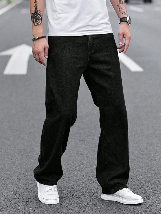 Men's Durable Black Relaxed-Fit Jeans Mid-Waist Comfort Street Style Essential Urban Pants