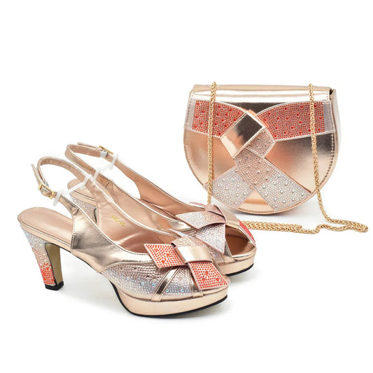 Fashion Women Nigerian Italian Shoes and Bags Set Decorated with Rhinestone Peep Toe High Heels Women Pumps for Wedding