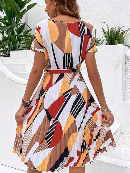 Elegant Print Lace-up Dress Summer Women Round Neck Pleated Medium Long Dress