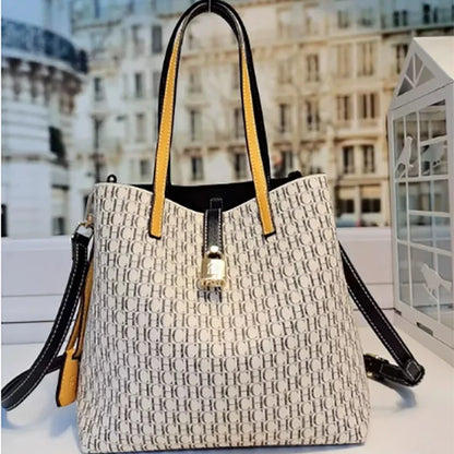 Stylish Monogram Tote Bag Lock Decorative Detail Top Handles Detachable Crossbody Strap Fashion Shoulder Bag