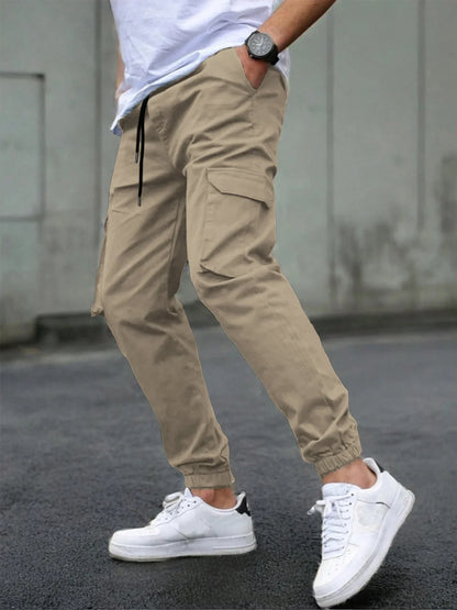 Men's Slim Fit Elastic Waist Cargo Pants Multi-Pockets Cuffed Hem Comfortable for Casual Outdoor Wear