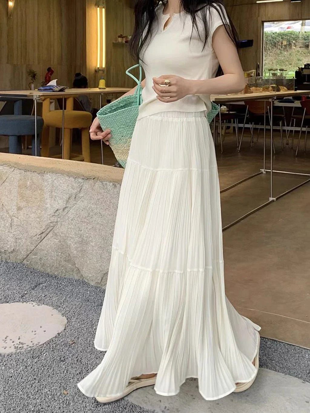 Women's High Waist Pleated Maxi Skirt, Casual A-Line Flowy Tiered Long Skirt, Elegant Beach Vacation Skirts for Ladies