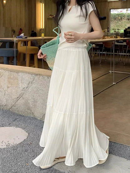 Women's High Waist Pleated Maxi Skirt, Casual A-Line Flowy Tiered Long Skirt, Elegant Beach Vacation Skirts for Ladies