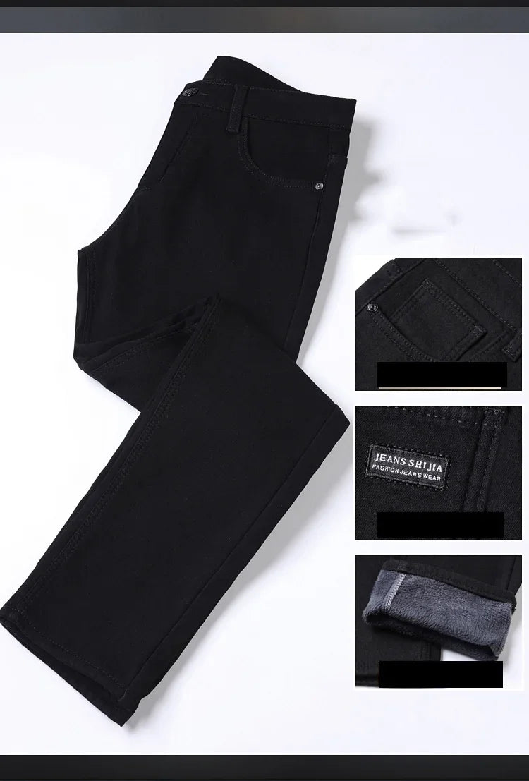 Men New Winter Classics Fleece Thick Warm Jeans Men's Loose Straight Elastic Denim Pants Casual Plush Trousers Large Size 28-40