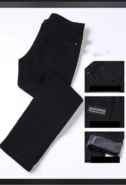 Men New Winter Classics Fleece Thick Warm Jeans Men's Loose Straight Elastic Denim Pants Casual Plush Trousers Large Size 28-40