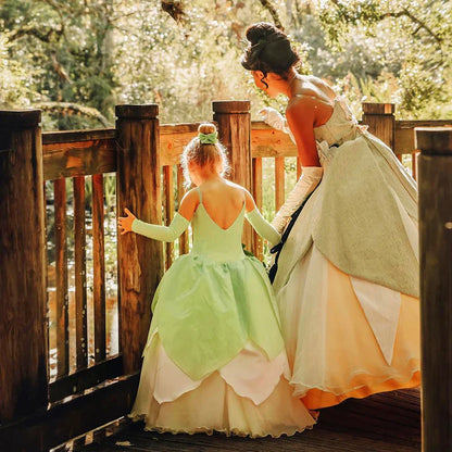 Kids Girl Tiana Dress for Girls Birthday Party Halloween Ball Gowns Evening Birthday Fancy Layered Costume Floral Fairy Clothing