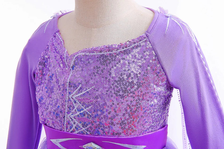 Frozen Cartoon Movie Elsa in Castle Purple Ball Gown with Long Train Princes Snow Queen Elsa Dress for Girls Role Play Halloween