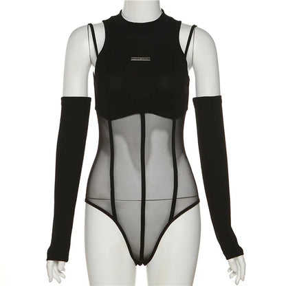 Black Bodysuit Lingerie Sexy Body Feminino See Through Corset Top Women Rave Outfit Mesh Patchwork One-Pieces Lenceria Femenina